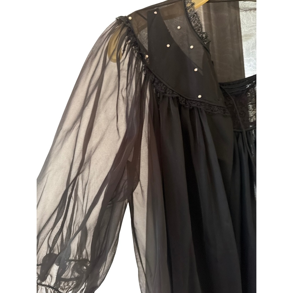Vintage Peignoir Set Black 1960s Nylon Tricot Lace Pearl Nightgown Robe M - Picture 2 of 9